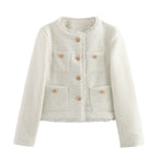 Women's Elegant Cropped Blazer Jacket with Textured Fabric and Gold Buttons