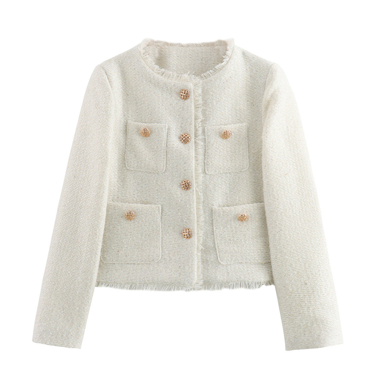 Women's Elegant Cropped Blazer Jacket with Textured Fabric and Gold Buttons