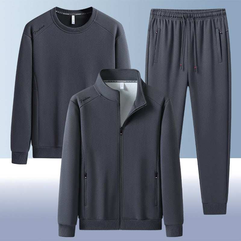 Men's two-piece training set with stand-up collar zip jacket, round neck sweatshirt, and tapered jogging pants