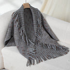 Women's Elegant Poncho with Fringe Details and Modern Plaid Pattern