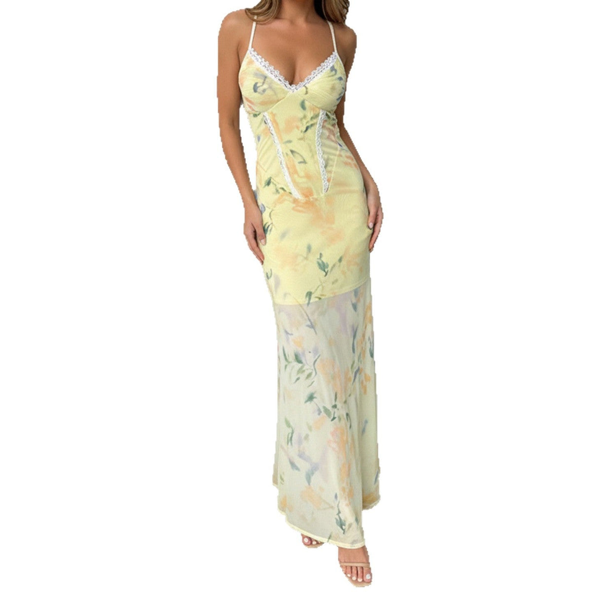 Women's Floral Maxi Dress with Spaghetti Straps and Lace Accents