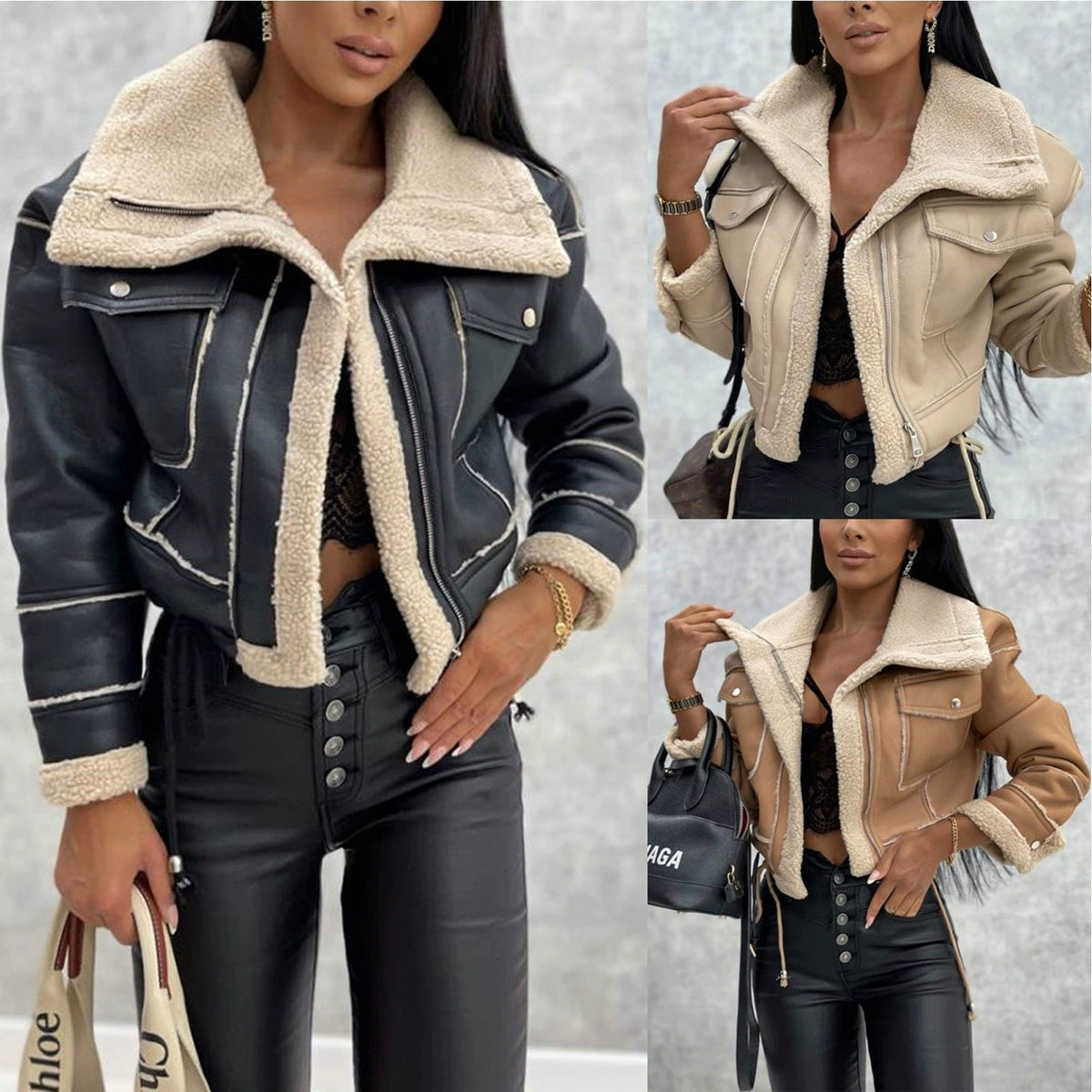 Women's Biker Jacket with Sherpa Lining