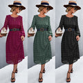 Chiffon Dress with Textured Pattern and Belt