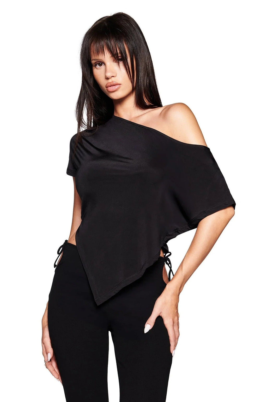 Women's Asymmetrical Short-Sleeve T-Shirt with Striped Pattern