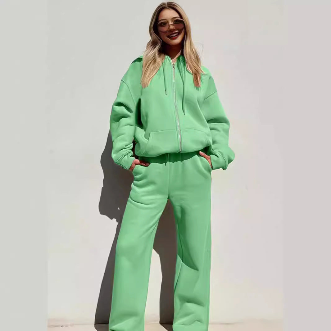 Women Comfortable and Stylish Loungewear Suit with Zip Hoodie and Wide Leg