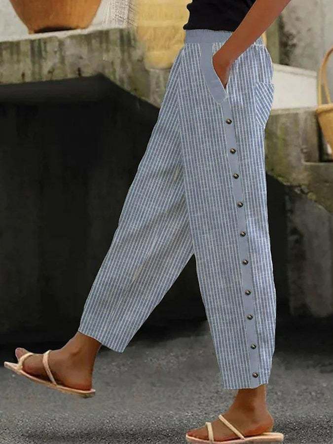 Women's High-Waisted Casual Trousers with Straight Leg and Buttons