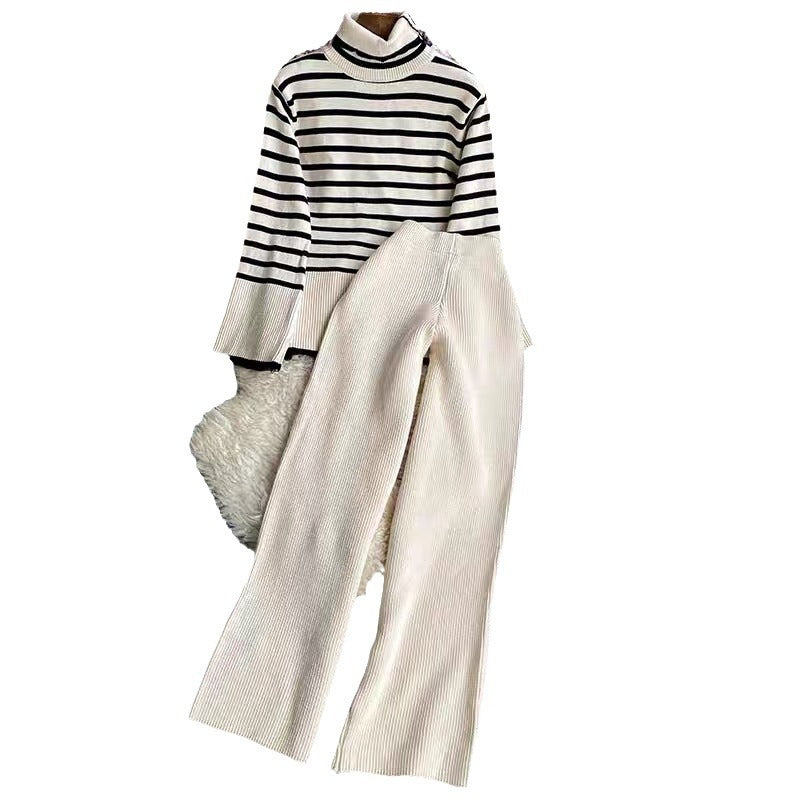 Women's Elegant Striped Knit Ensemble with High Collar and Wide Leg