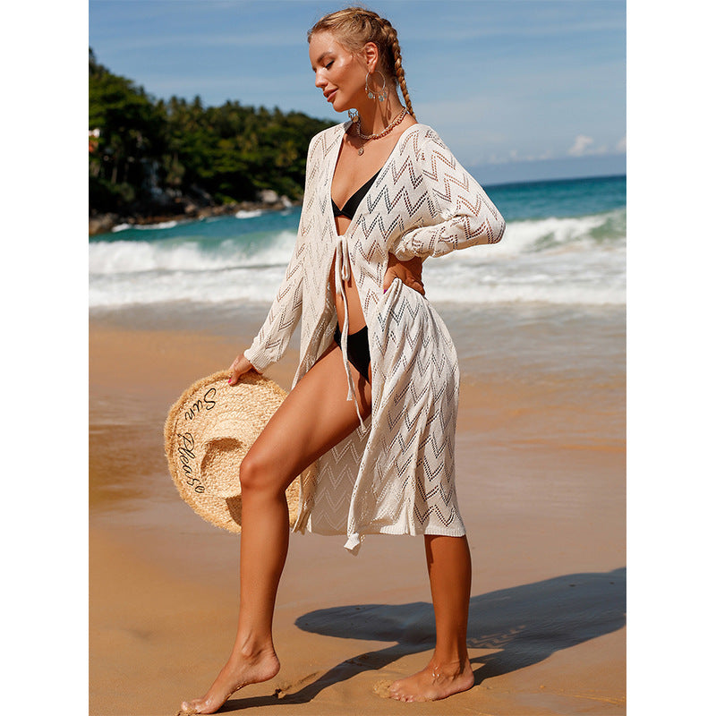 Elegant Boho-Style Crochet Beach Kimono with Deep V-Neck