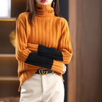 Women's Chunky Knit Turtleneck Sweater with Striped Pattern