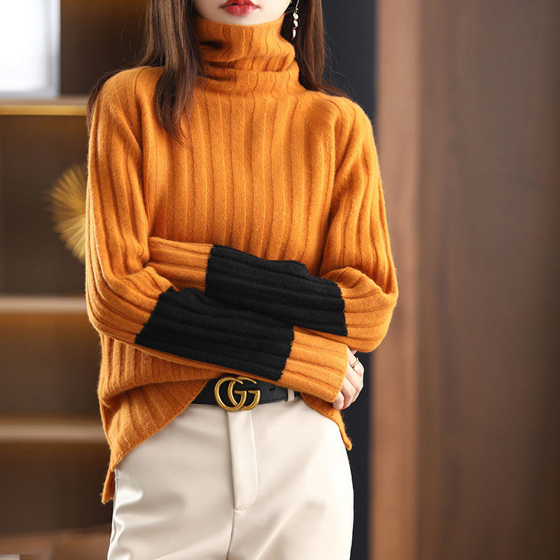 Women's Chunky Knit Turtleneck Sweater with Striped Pattern