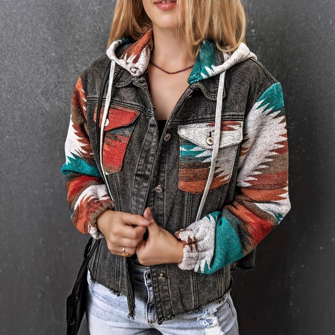 Women's Denim Jacket in Casual Boho Style with Hood