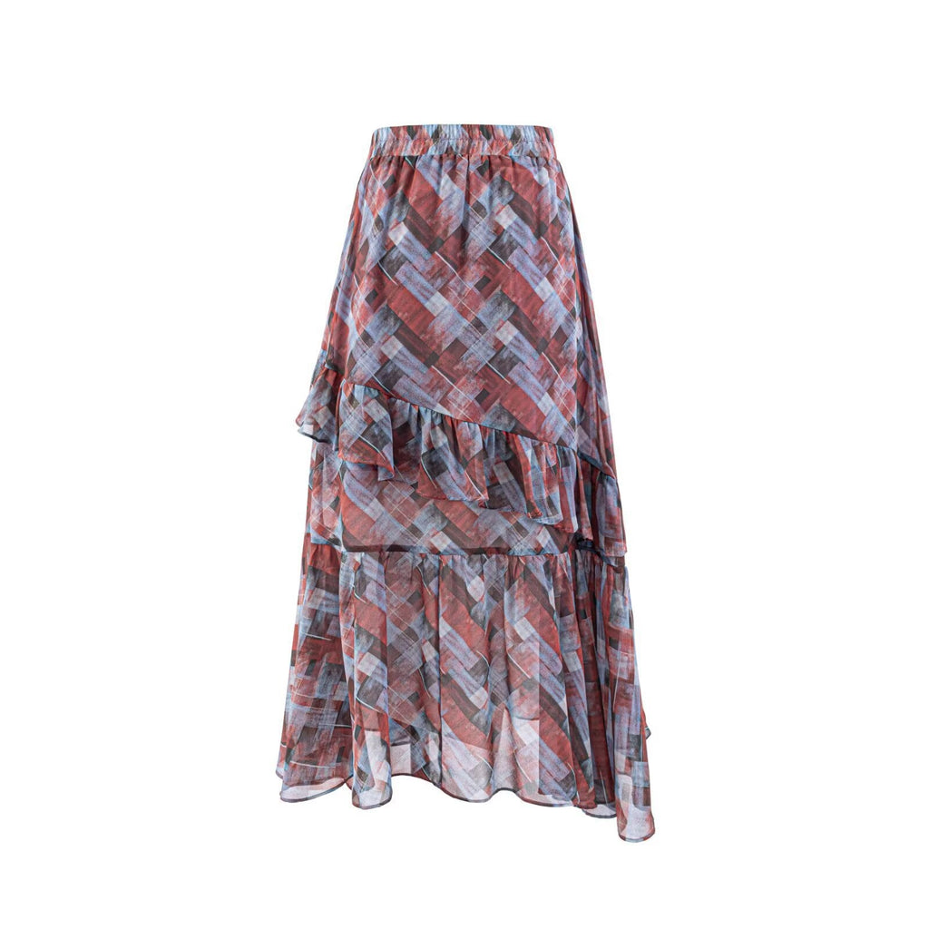 Women's Maxi Skirt with Voluminous Ruffles and Graphic Pattern