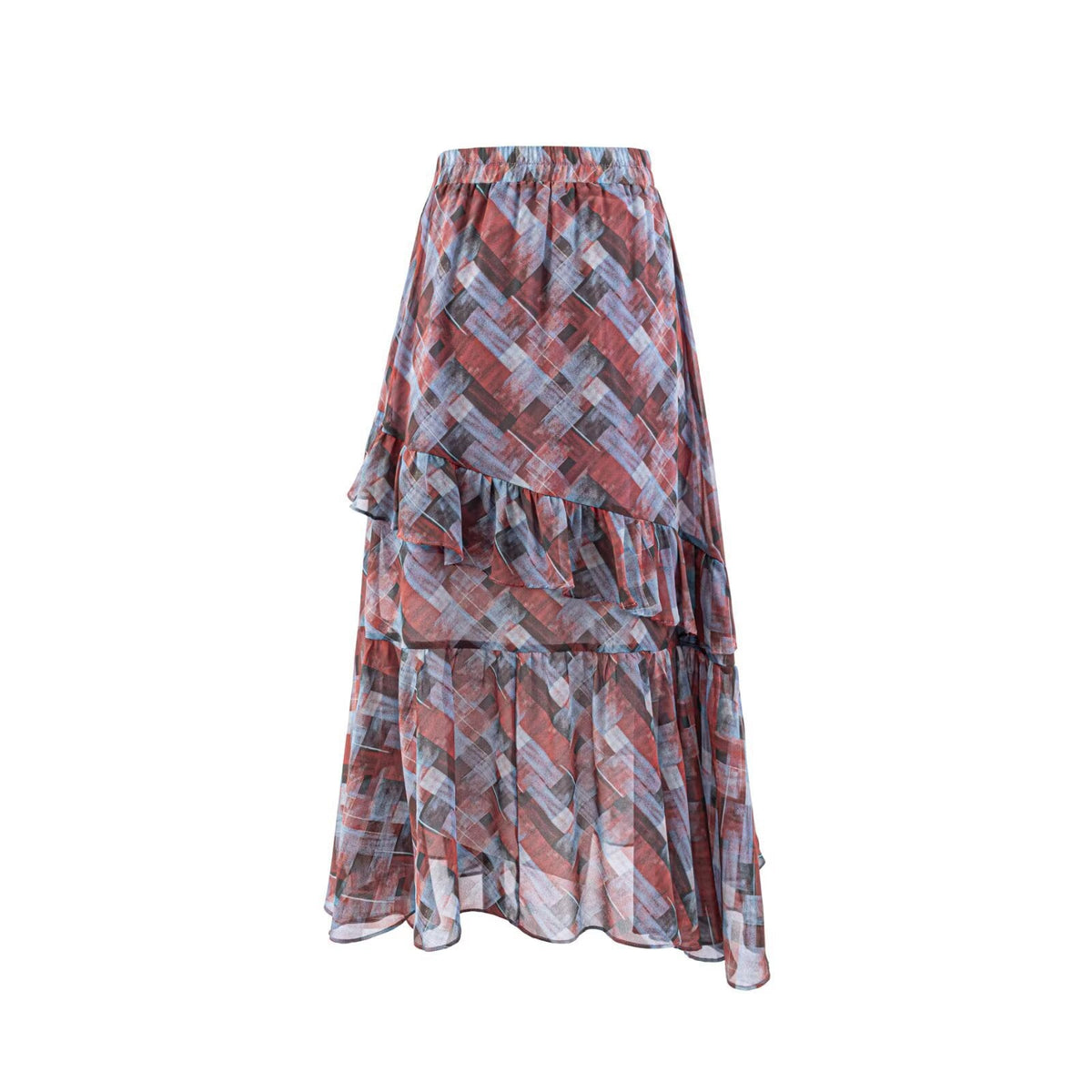 Women's Maxi Skirt with Voluminous Ruffles and Graphic Pattern