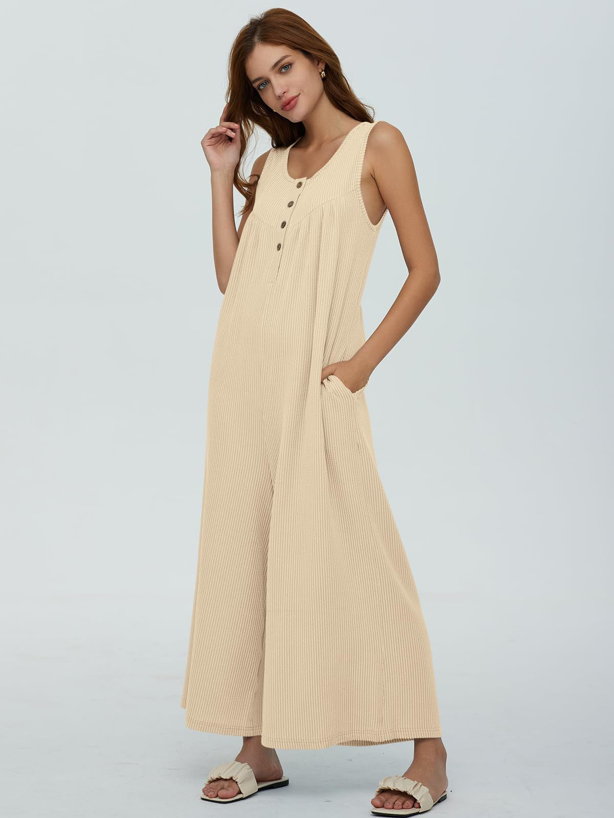 Women's Casual Jumpsuit with Button Details and Side Pockets