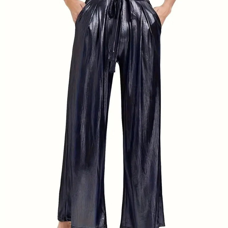 Women's Elegant Pleated Trousers with High-Gloss Finish
