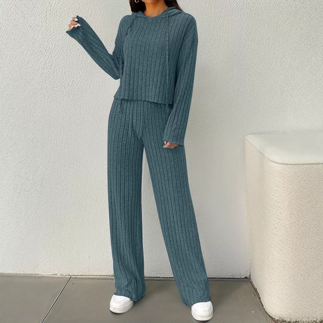 Women's Casual Knit Lounge Set with Hood and Wide Cut