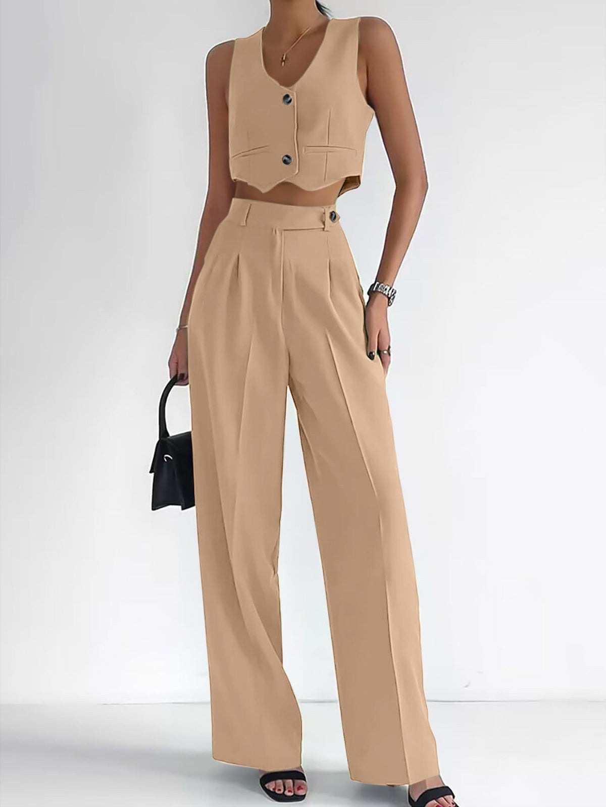 Women's Fashionable Two-Piece Set with Sleeveless Cropped Top and Wide-Leg Trousers