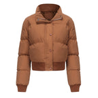 Women's Cropped Quilted Jacket with High Collar and Snap Buttons
