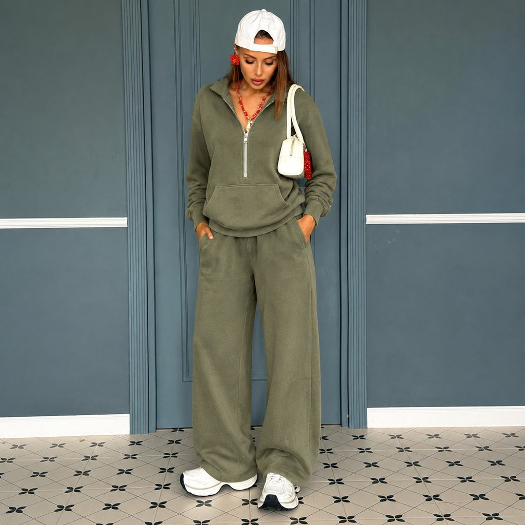 Women's Casual Zip Sweat Set with Polo Collar and Wide Jogger Cut