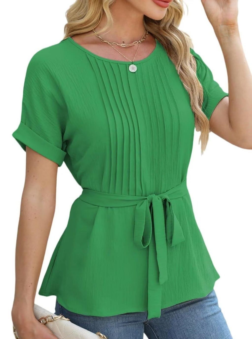 Elegant Women's Blouse with Pleated Design and Waist Belt