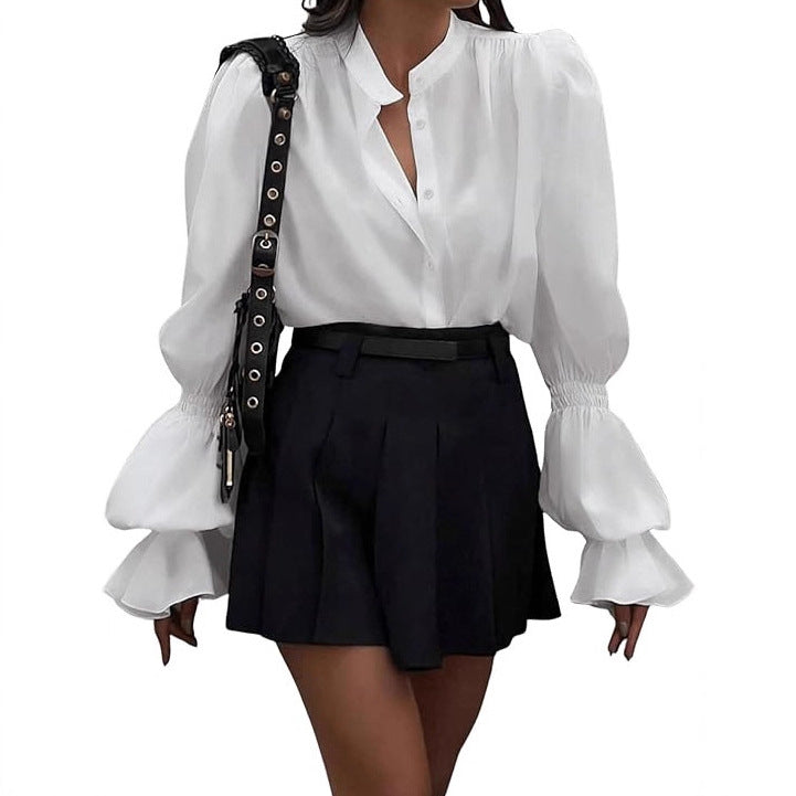 Women's Blouse with Elegant Puff Sleeves and Timeless Stand-Up Collar