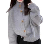 Women's Cozy Cardigan with High Collar and Decorative Buttons
