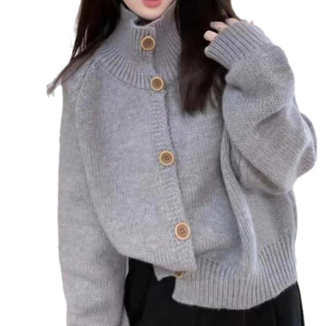 Women's Cozy Cardigan with High Collar and Decorative Buttons