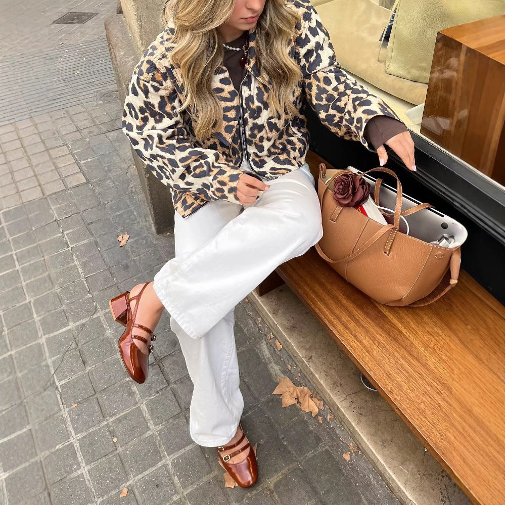 Women's Cropped Leopard Print Jacket with Snap Buttons