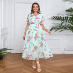 Women's Bohemian Maxi Dress with Voluminous Skirt and Floral Design