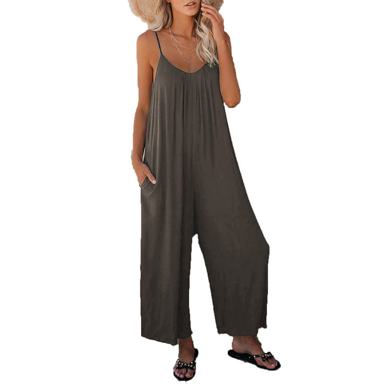 Women's Casual Summer Jumpsuit with Deep Neckline and Pockets