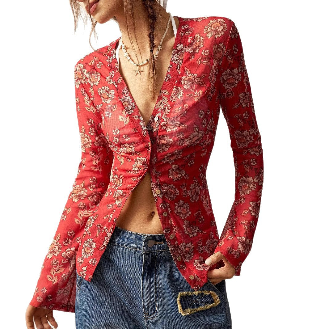 Women's Floral Print Long-Sleeve Top