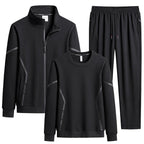 Men's Three-Piece Performance Training Set with Stand Collar Zip Jacket, Round Neck Sweater & Tapered Jogging Pants