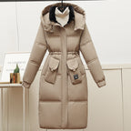 Women's Long Puffer Jacket with Detachable Hood and Large Pockets