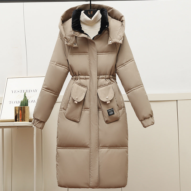 Women's Long Puffer Jacket with Detachable Hood and Large Pockets