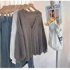 Women's Fluffy Knit Cardigan with Voluminous Sleeves and Button Details