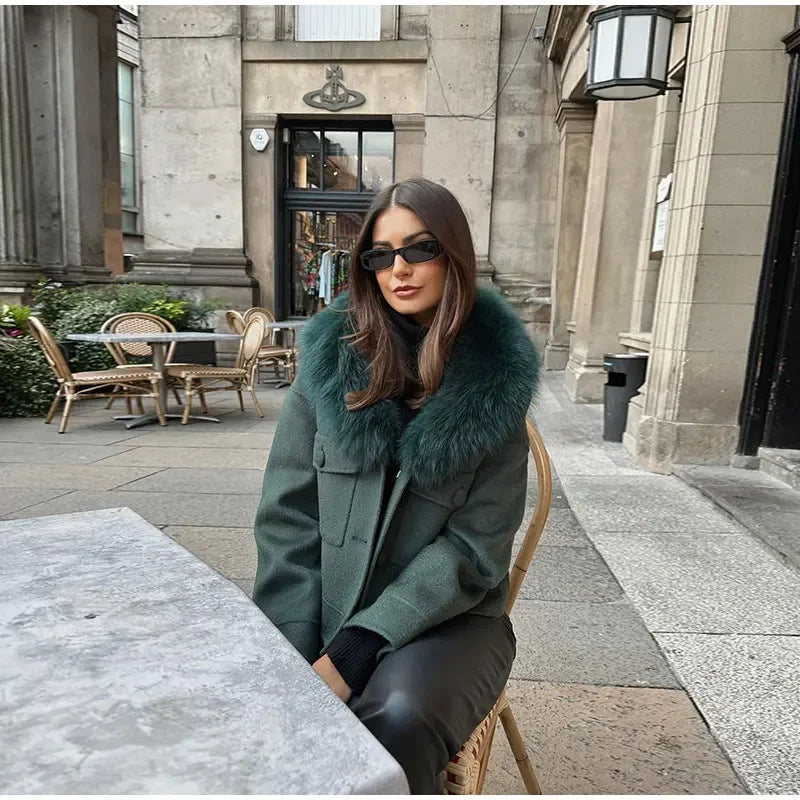 Elegant Wool Jacket with Faux Fur Collar
