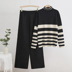 Women's Knit Loungewear Set with High Collar and Stripes