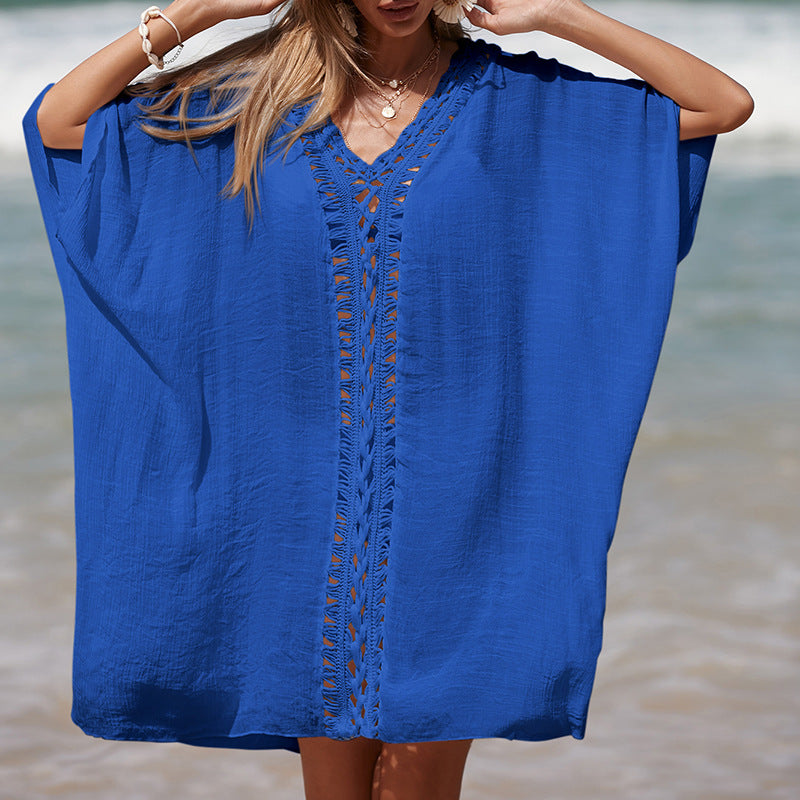 Women's Elegant Beach Poncho with Crochet Accents and Deep V-Neck