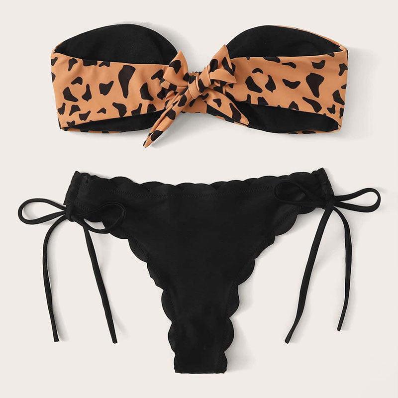 Women's Leopard Print Bandeau Bikini with Adjustable Bottoms
