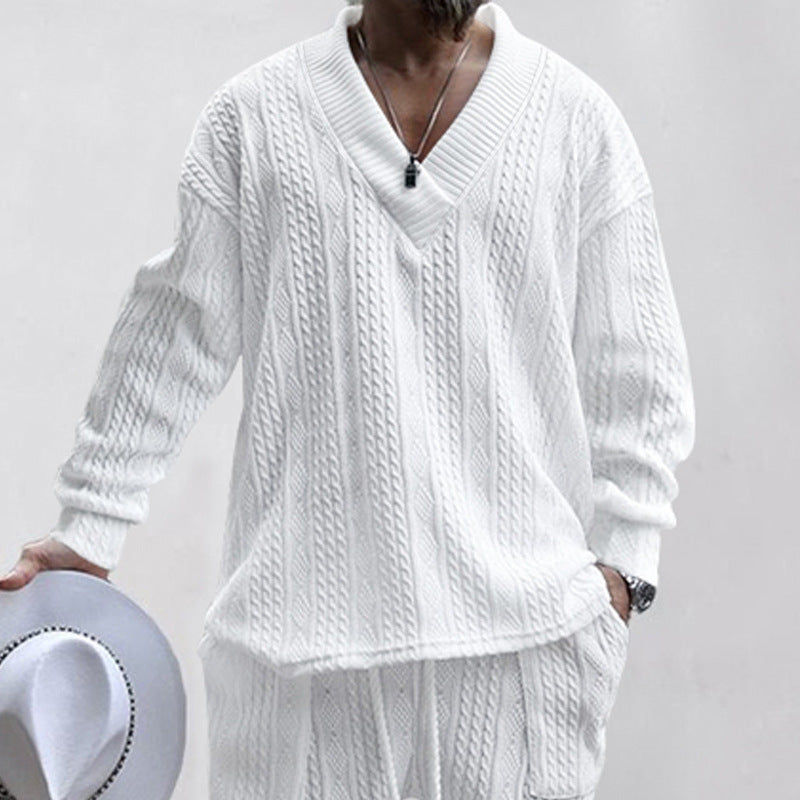 Men's cable knit set with deep V-neck and drawstring joggers