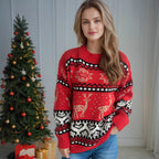 Women's Festive Knit Sweater with Reindeer Motif and Detailed Pattern