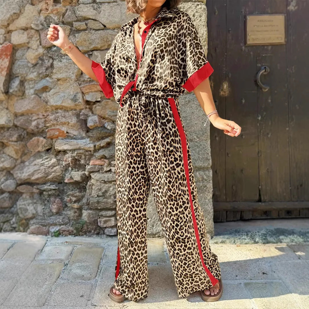 Women's Leopard Print Linen Jumpsuit with Contrast Details