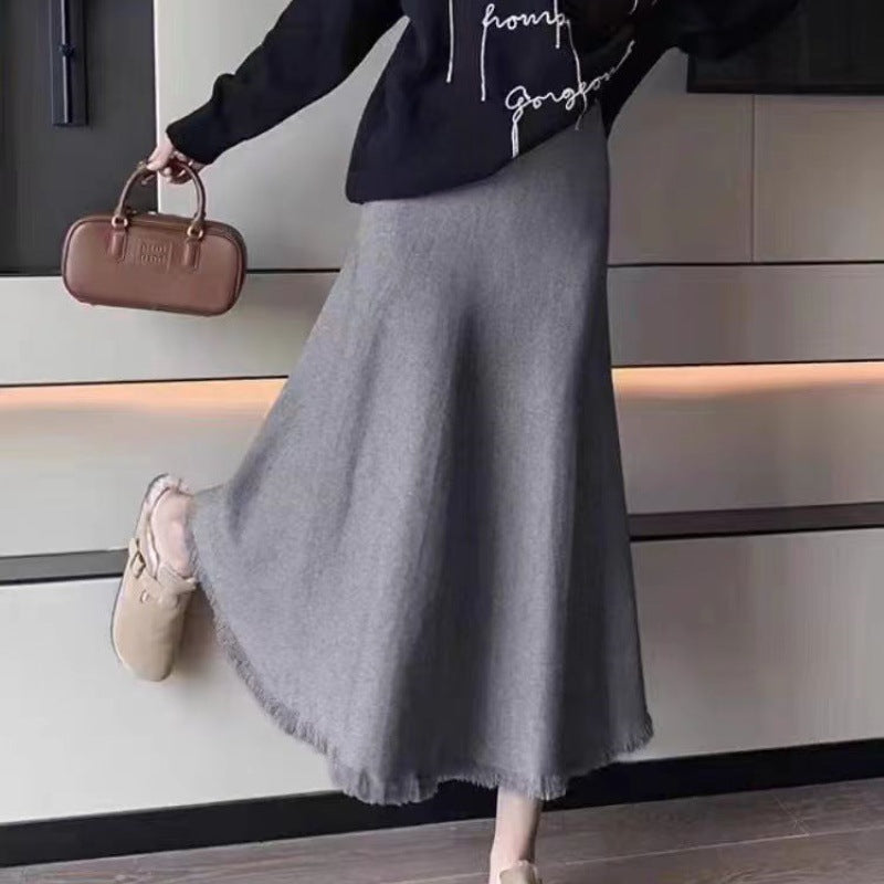 Women's Maxi Skirt in Soft, Textured Knit Fabric with Frayed Hem