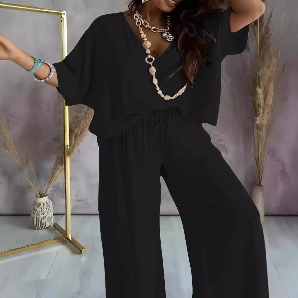 Women's Jumpsuit with Casual V-Neck and Wide Leg