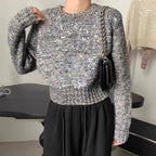 Women's Textured Glitter Knit Sweater with Wide Cut