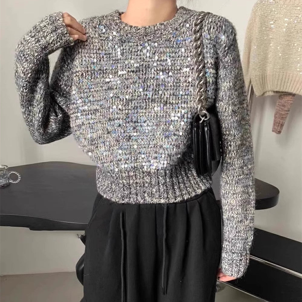 Women's Textured Glitter Knit Sweater with Wide Cut