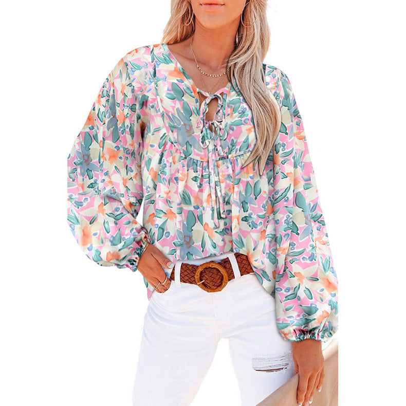 Women's Loose Blouse with Floral Pattern and Voluminous Sleeves