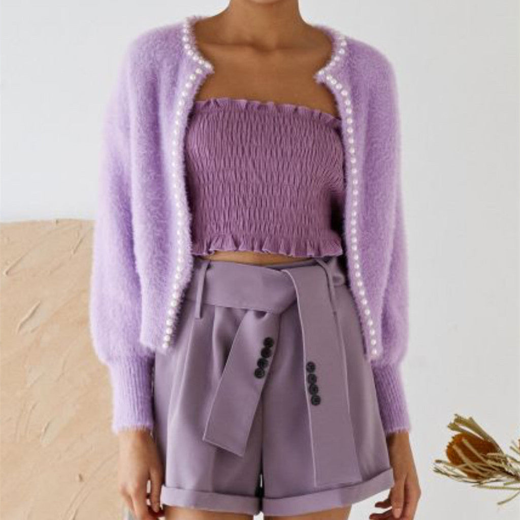 Women's Fluffy Cardigan with Pearl Buttons