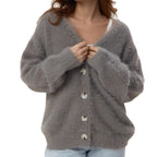 Women's Fluffy Cardigan with Pearl Buttons and Loose Fit