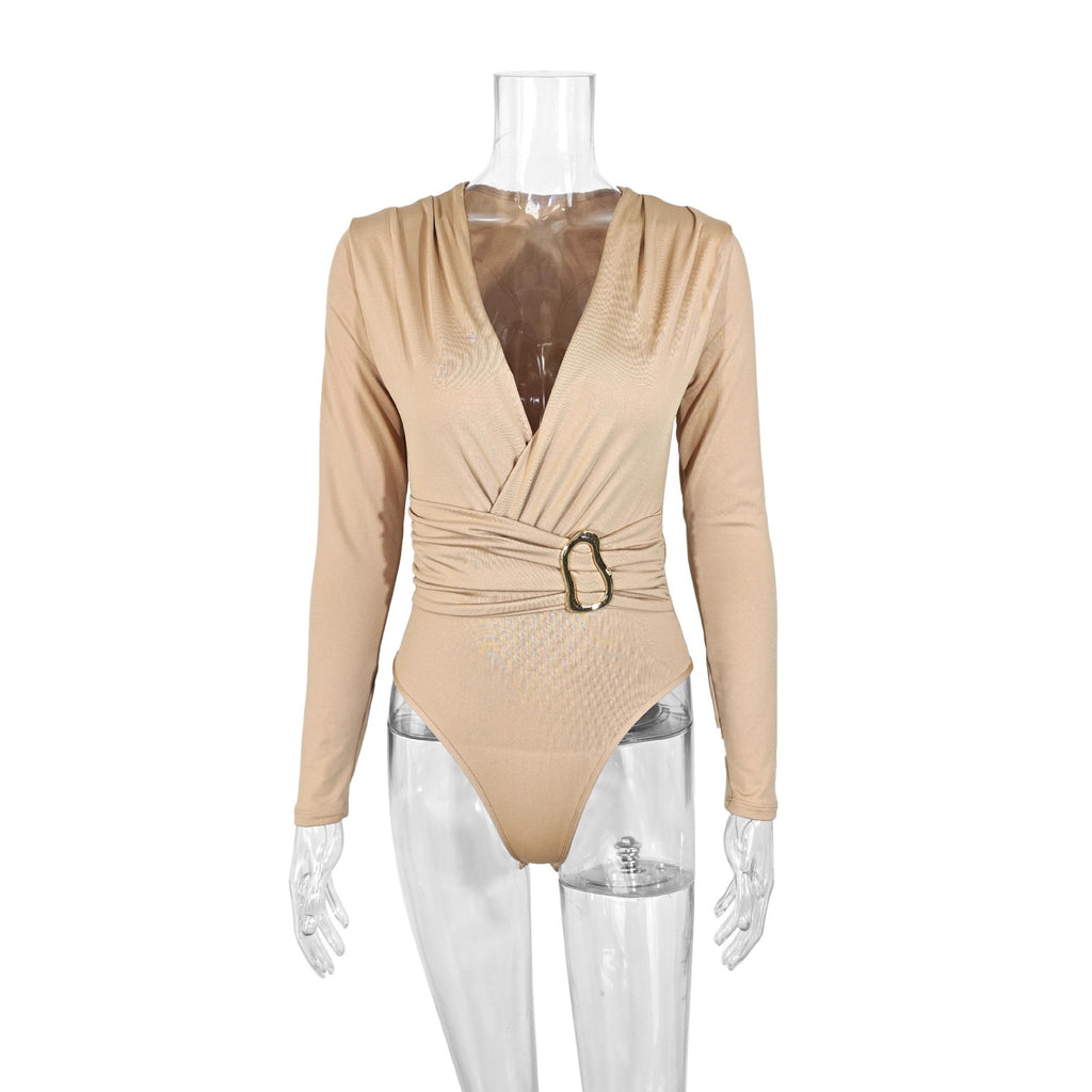 Women's Bodysuit with Deep V-Neck and Slim Belt